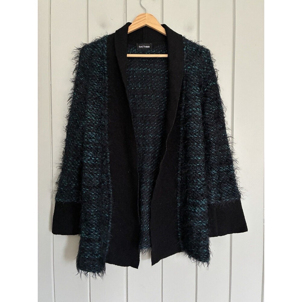 Eva Tralala Paris Women's Boiled Wool Cardigan Sweater Teal Black One Size